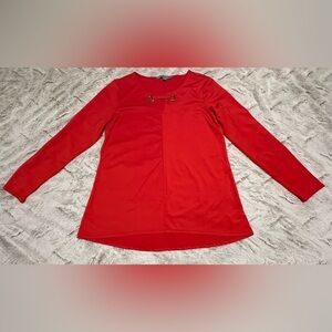 Valerie Stevens Red Top with Gold Tone Hardware V Neck Long Sleeve Blouse